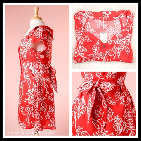 FREE PEOPLE RED BOHO BUTTON DOWN MINI DRESS A2C - Picture 4 of 8
